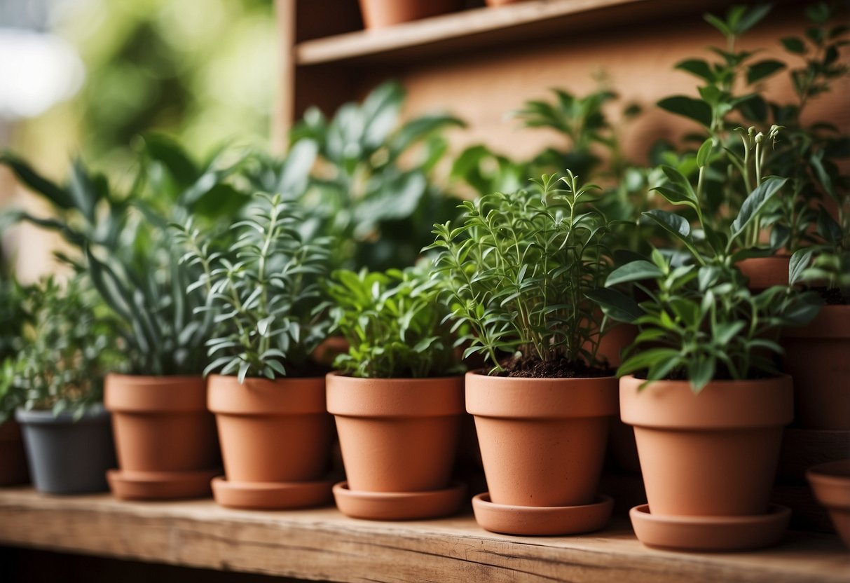 A terracotta herb garden with various pots arranged on a wooden shelf, filled with aromatic plants and surrounded by lush greenery