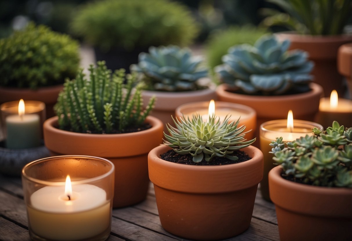 Terracotta pots arranged in a garden, each holding a lit candle. Surrounding plants and flowers add a natural touch to the scene