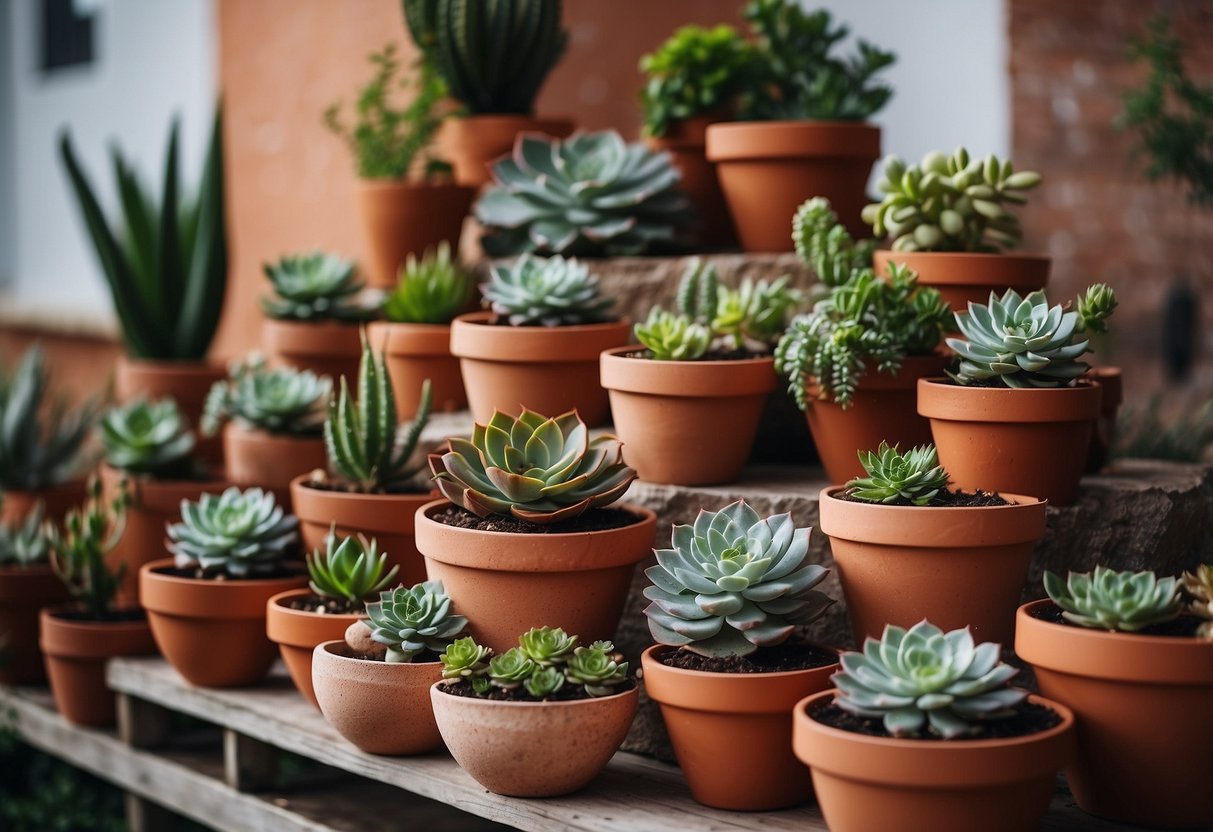 A tiered succulent garden with terracotta pots arranged in a cascading pattern, showcasing a variety of plants and textures