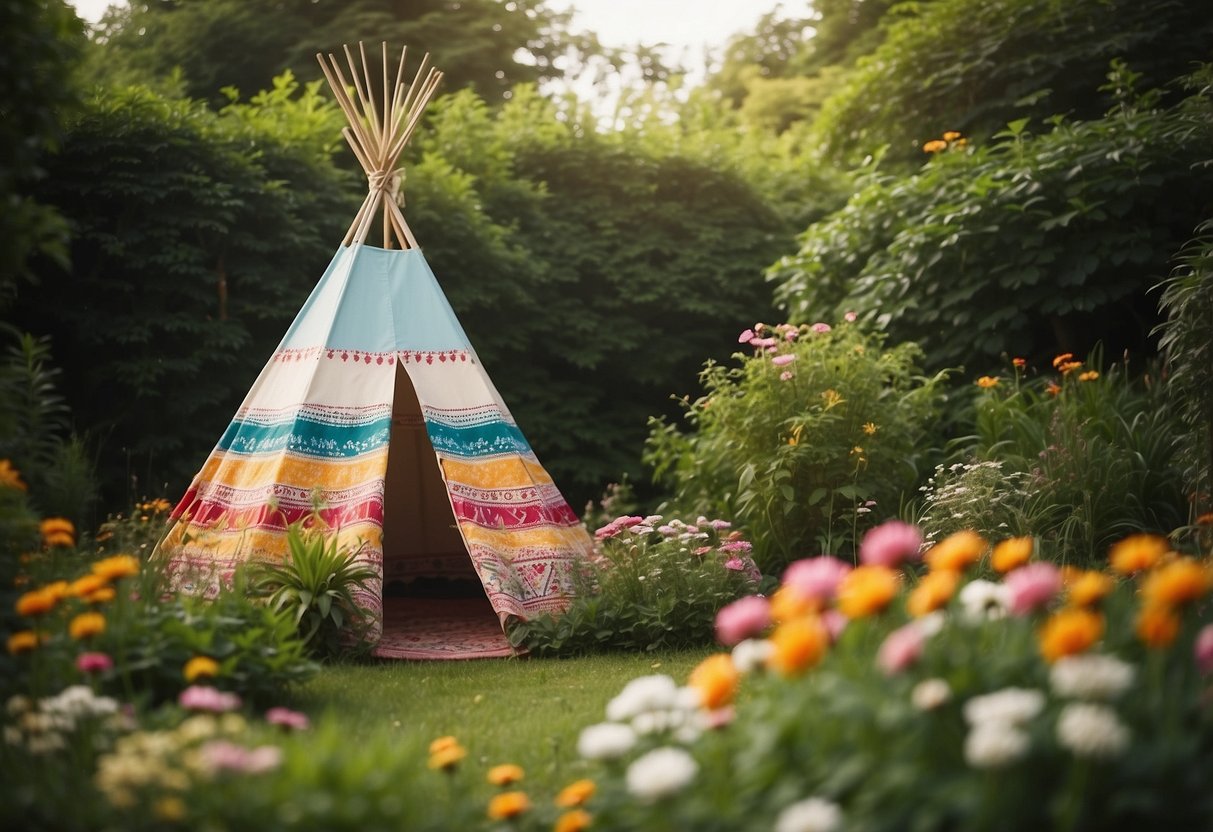 A vibrant teepee made of colorful fabric stands in a lush garden, surrounded by blooming flowers and greenery