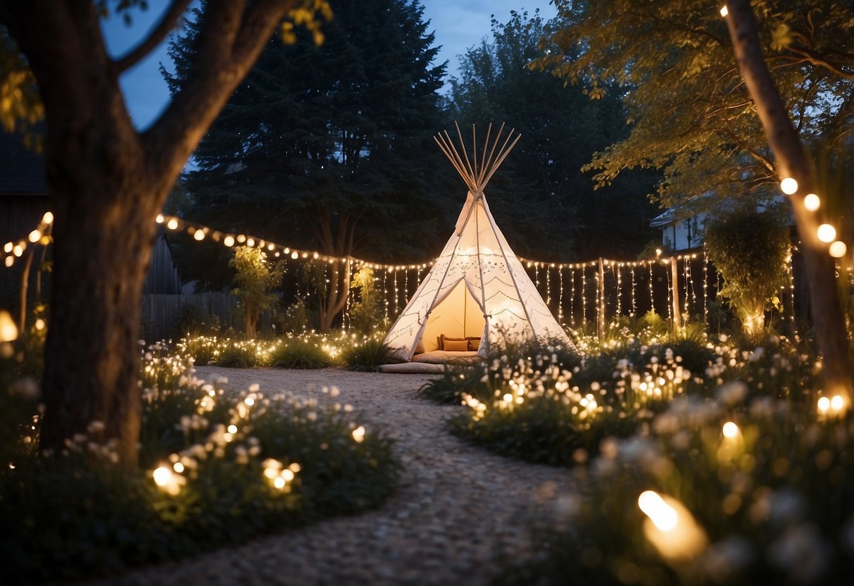 A garden with a teepee adorned with twinkling fairy lights