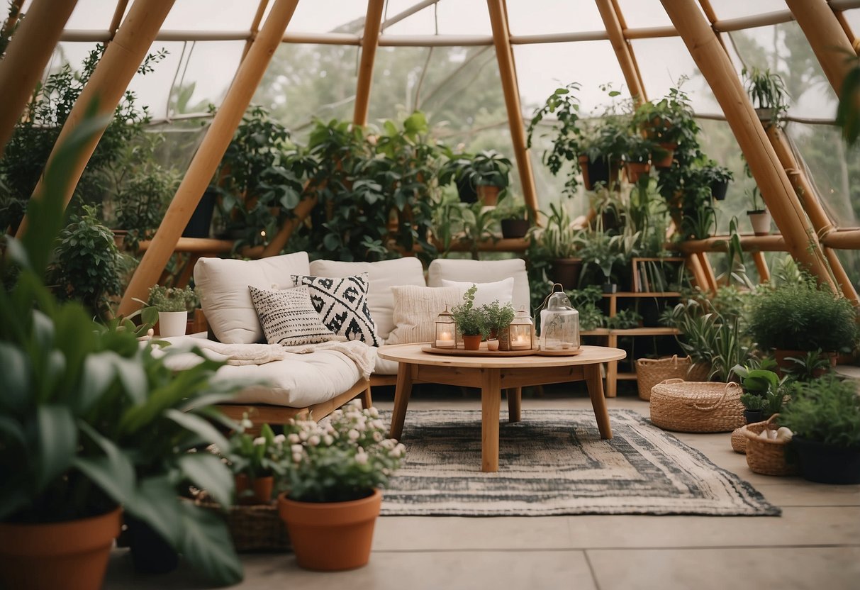 A cozy teepee surrounded by lush garden plants with cushioned floor seating inside