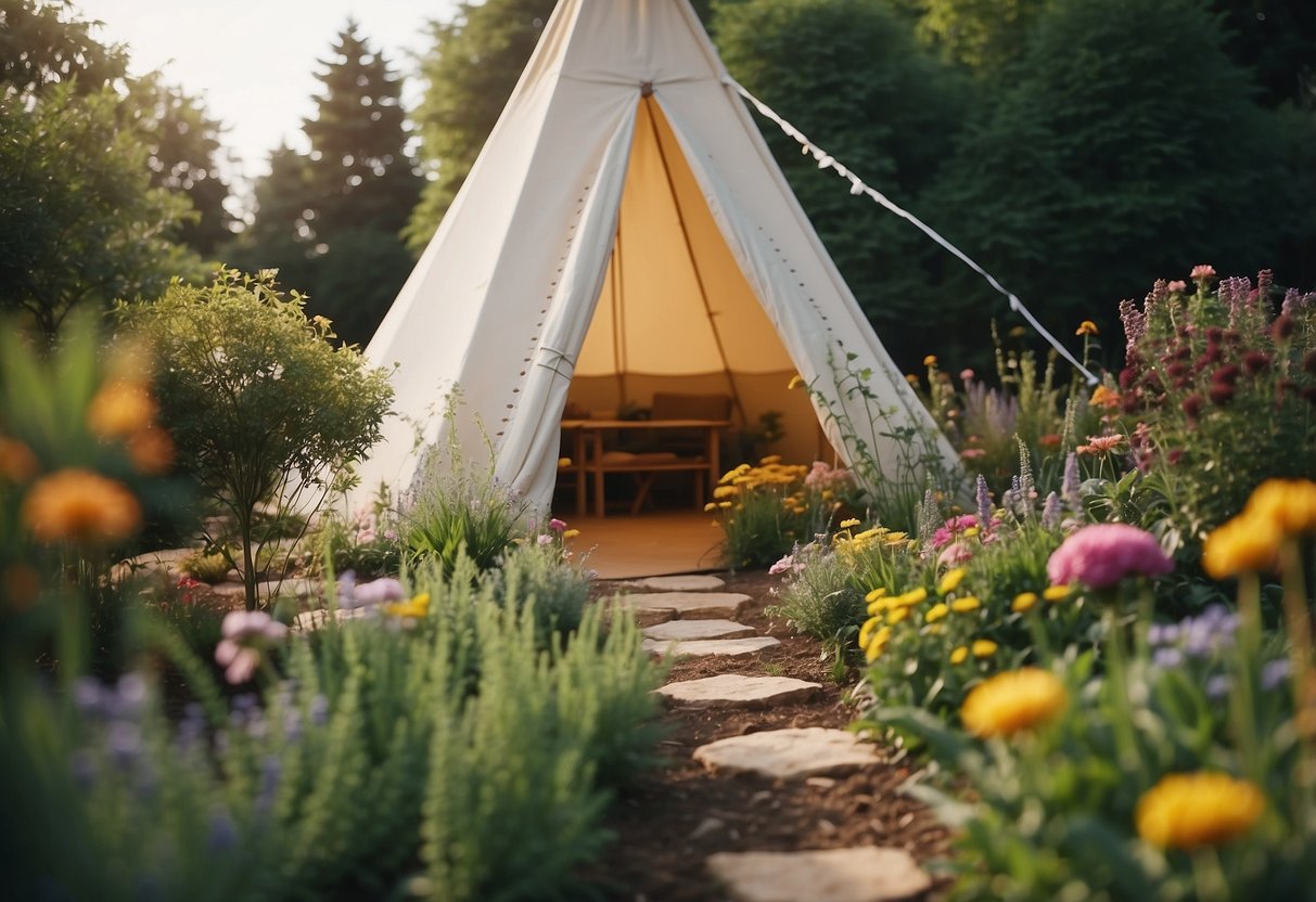 A gardener plants flower borders around a teepee structure in a garden