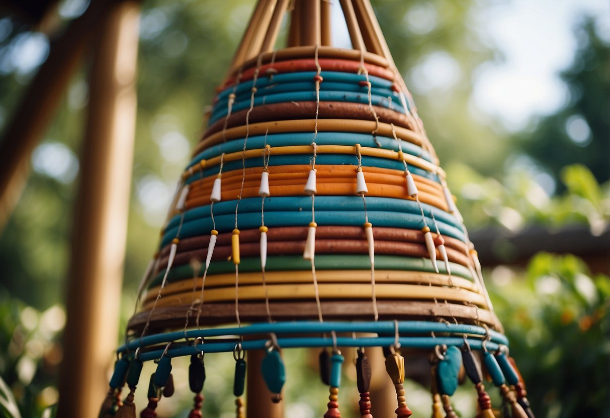 A teepee made of wooden poles stands in a garden, adorned with colorful wind chimes that sway in the breeze