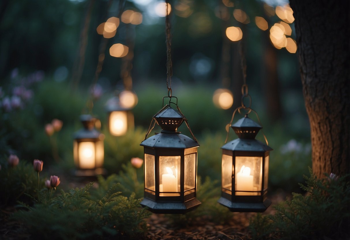 A garden adorned with vintage lanterns in a teepee formation