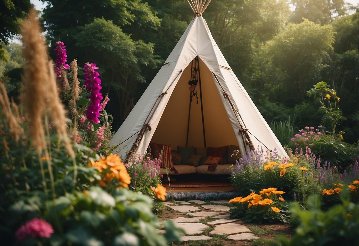 A teepee adorned with handcrafted dreamcatchers stands in a lush garden, surrounded by vibrant flowers and winding vines