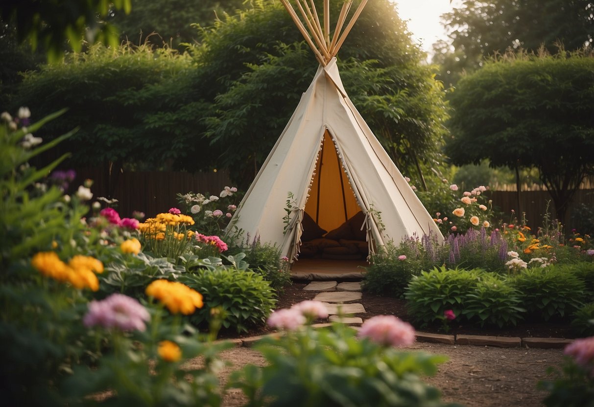 A teepee garden stands tall in a lush green space, surrounded by colorful flowers and climbing vines. The teepee is adorned with hanging plants and twinkling lights, creating a cozy and inviting atmosphere