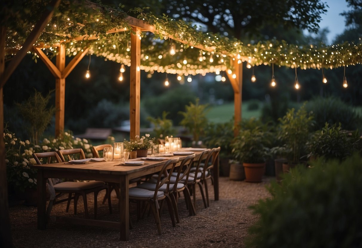 A garden is filled with twinkling fairy lights, creating a magical ambiance for a tent. Trees and plants are softly illuminated, casting a warm and inviting glow