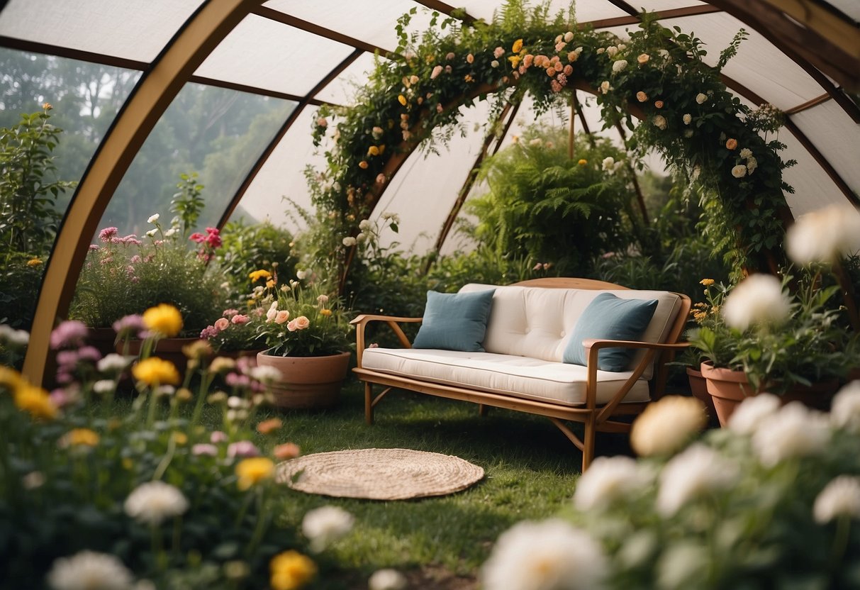 A compact sofa sits in a tented garden, surrounded by greenery and blooming flowers, offering a cozy spot for relaxation and outdoor enjoyment