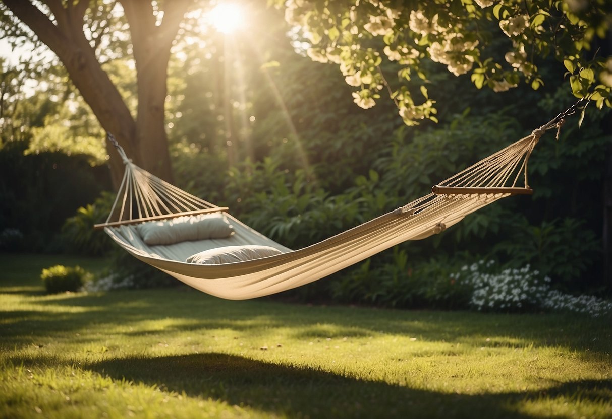 A hammock tent is suspended between two trees in a lush garden, surrounded by blooming flowers and greenery. The sun is shining, casting dappled shadows on the ground