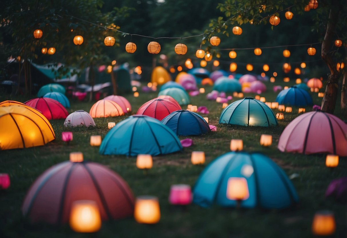 A garden filled with colorful tents, each adorned with solar-powered lanterns, creating a magical and cozy atmosphere