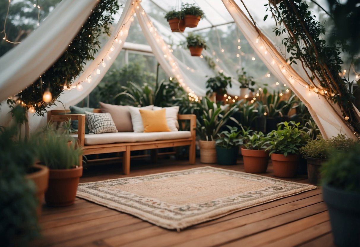 A cozy outdoor rug lies beneath a tent in a lush garden, surrounded by potted plants and twinkling string lights