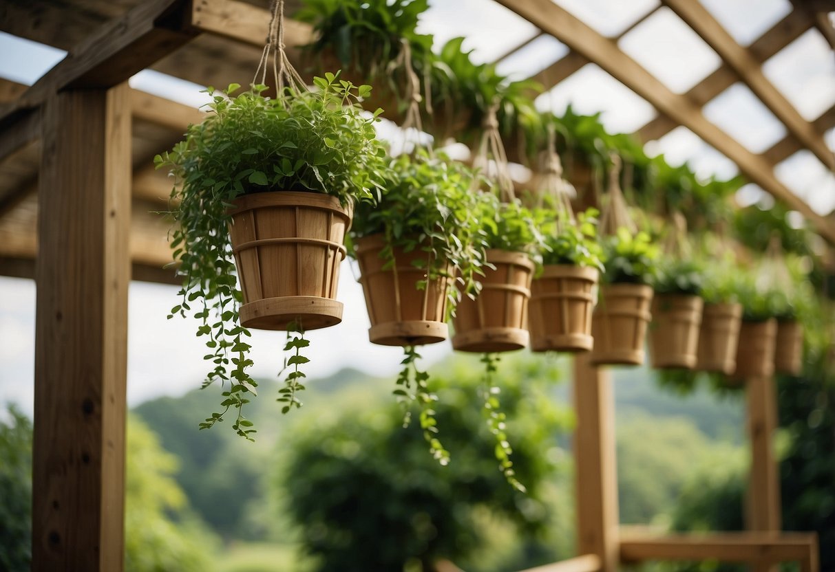 A row of hanging plant holders dangle from a wooden tent frame, surrounded by lush greenery in a garden setting