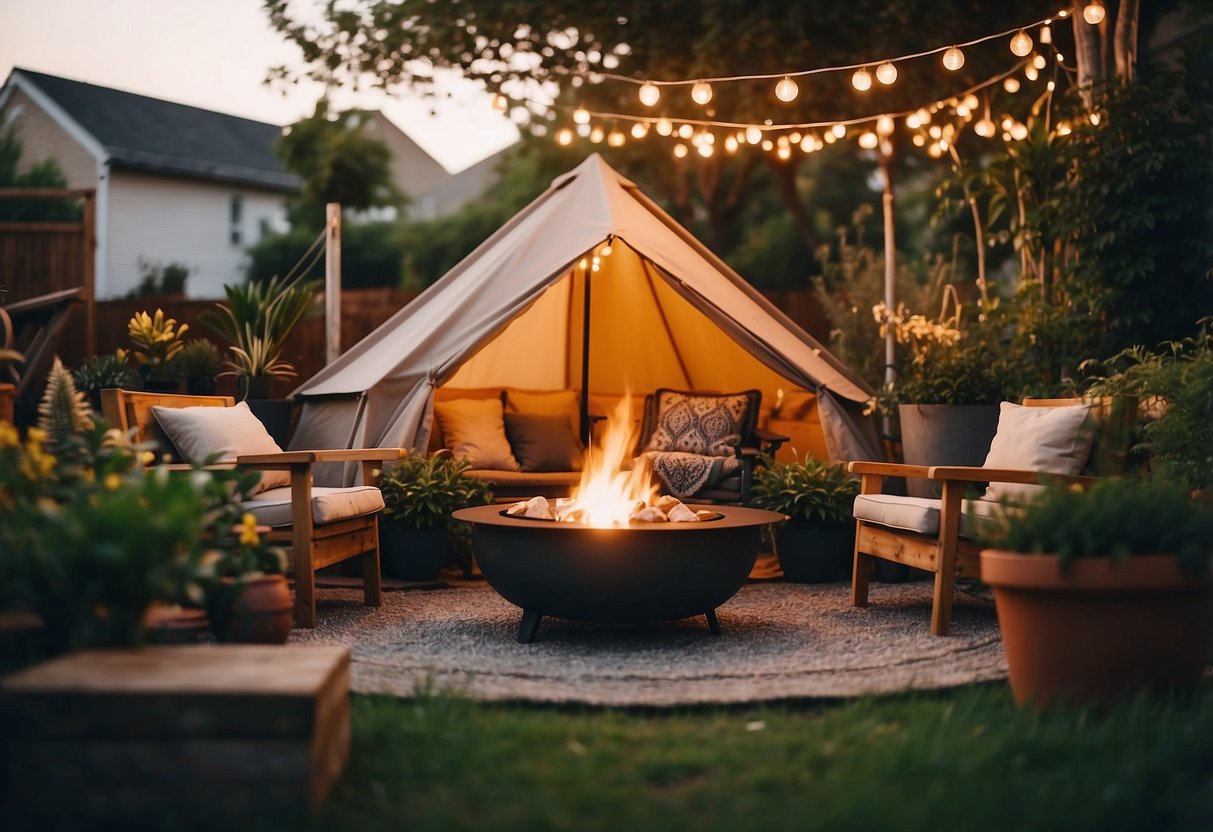 A cozy outdoor tent is surrounded by a portable fire pit, with string lights and potted plants creating a charming garden atmosphere