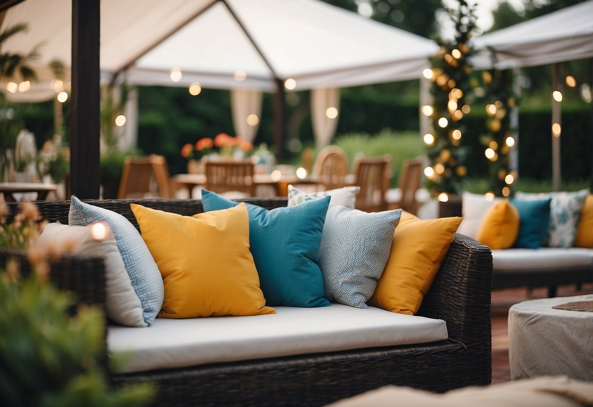 Vibrant outdoor cushions arranged in a cozy tented garden setting