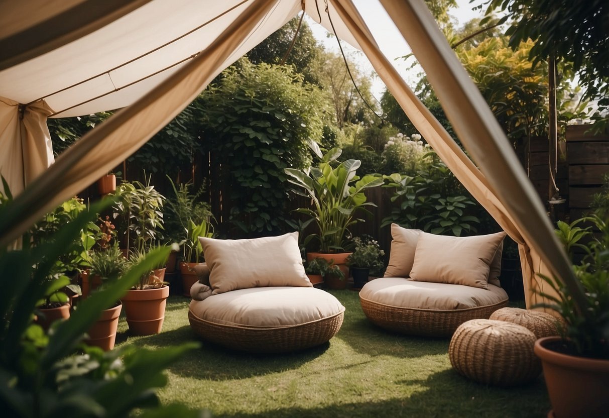 A cozy outdoor space with weatherproof bean bags arranged under a tent, surrounded by lush garden plants