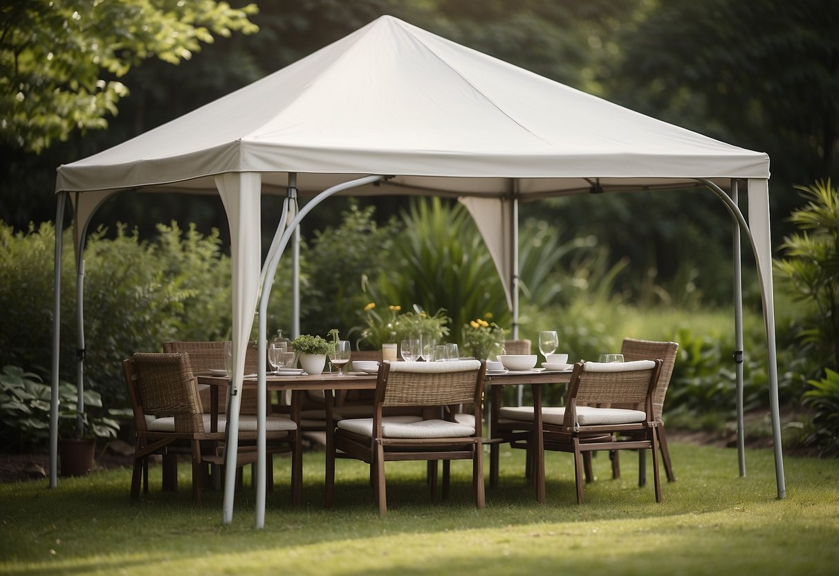 A foldable dining set arranged under a tent in a lush garden setting