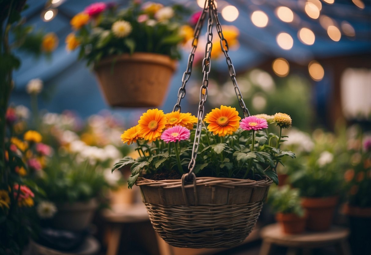 Vibrant flowers in hanging baskets, potted plants, and fairy lights create a cozy and inviting atmosphere in a tent garden