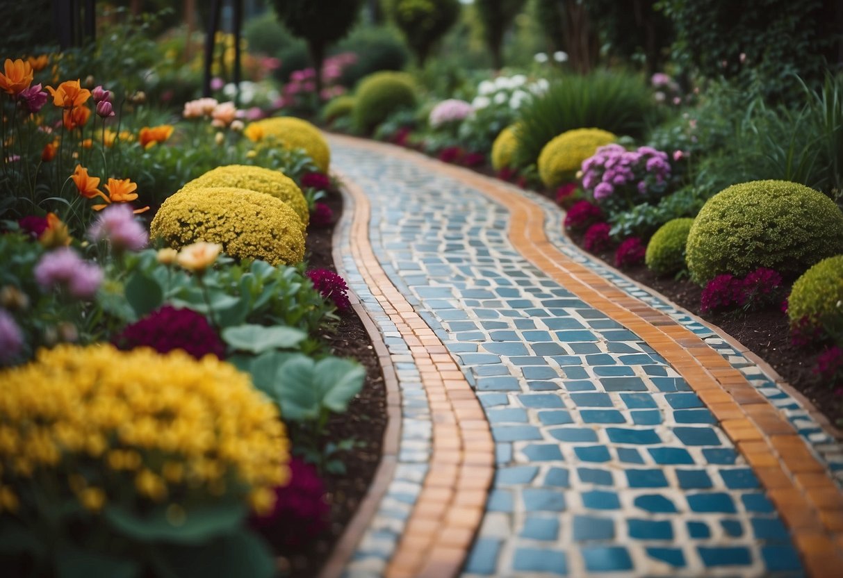 A garden path lined with vibrant, patterned tile borders, creating a lively and colorful atmosphere