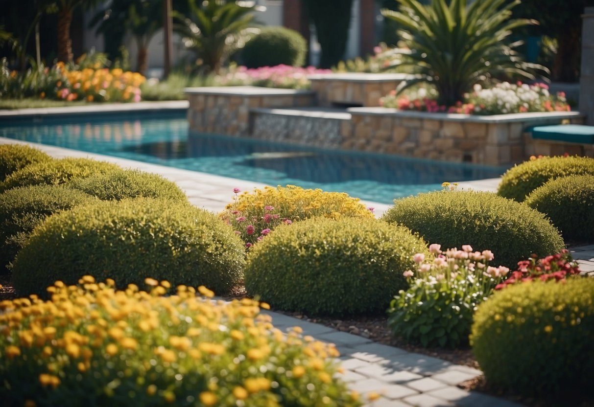 A poolside garden with decorative tile pathways and flower beds