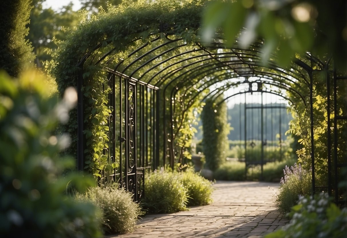 A lush herb garden grows beneath a decorative wrought iron arbor trellis, with vines climbing and intertwining around the intricate metalwork