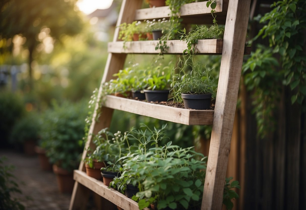 A wooden ladder stands in a garden, adorned with climbing herbs. The herbs wind their way up the rungs, creating a beautiful and functional trellis