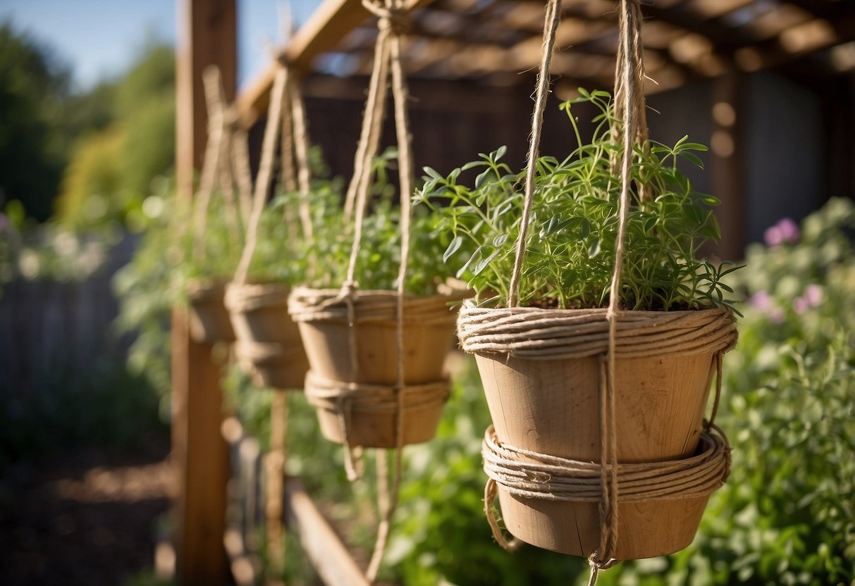 A wooden trellis supports twine-wrapped pots of herbs in a sunny garden. The herbs climb the twine, creating a beautiful and functional DIY herb garden