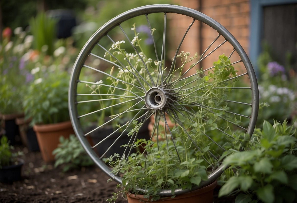 A recycled bike wheel serves as a trellis for a thriving herb garden, with plants climbing and winding around the spokes and frame