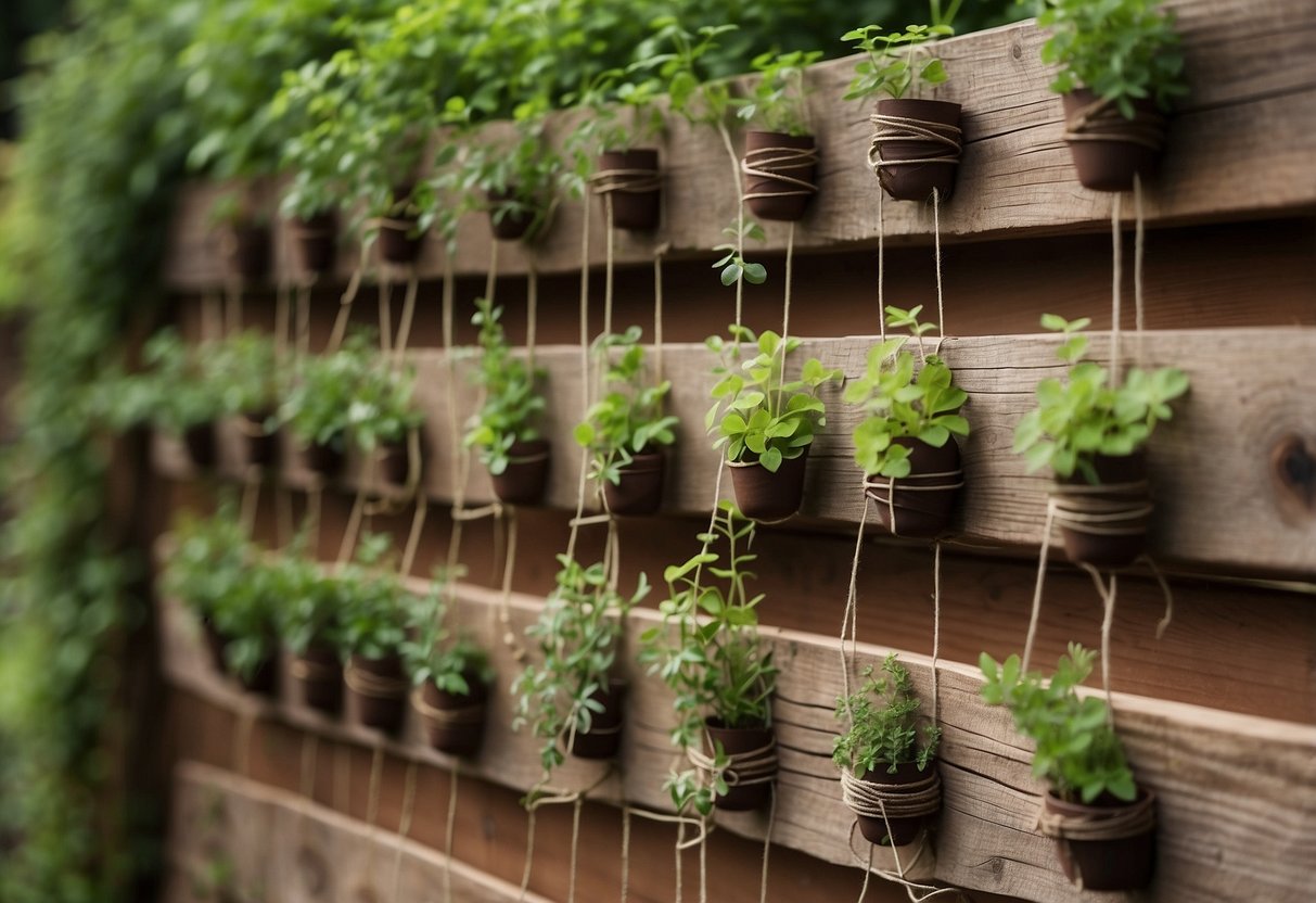 A wooden wall with string and nails forming a trellis for herbs to climb