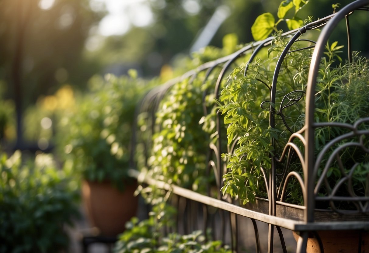 A fan-shaped trellis supports various herbs in a garden, creating a visually appealing and functional display