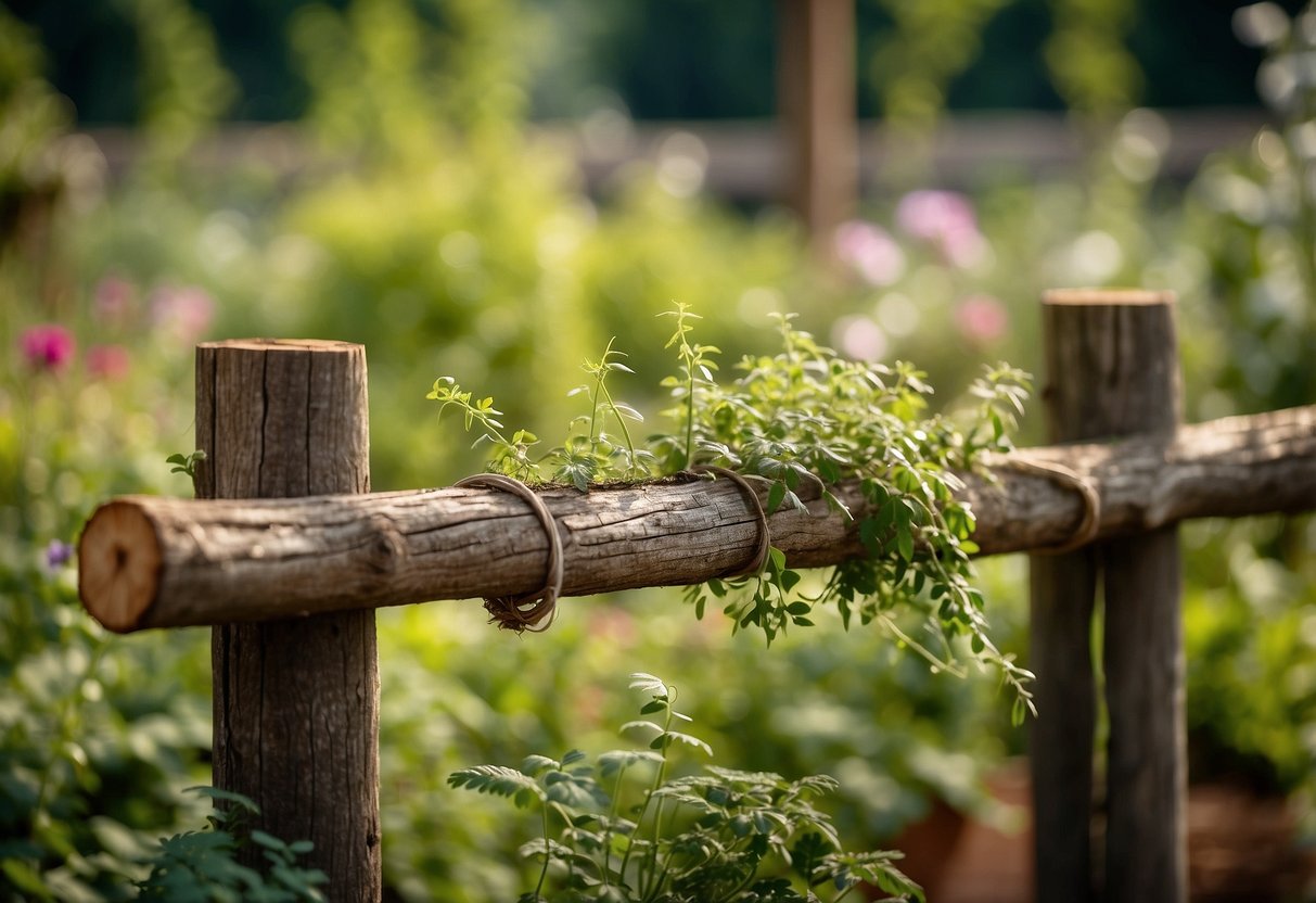 A rustic log trellis stands in a lush herb garden, with various plants climbing and weaving through the wooden structure