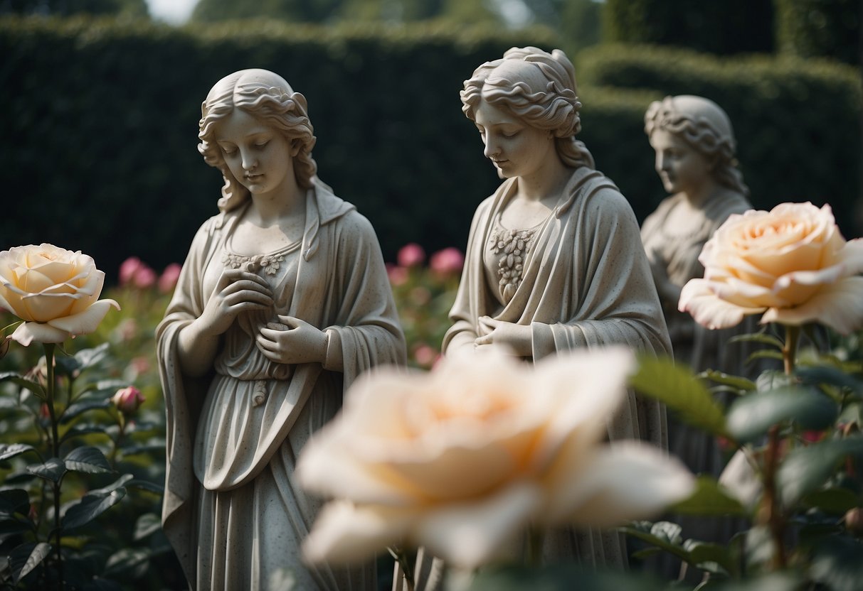 A serene rose garden adorned with antique statues, creating a traditional and elegant atmosphere