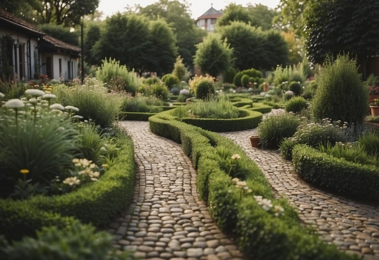 A lush herb garden with cobblestone pathways winding through, surrounded by traditional garden elements