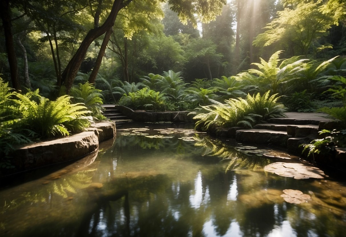 A lush fern sanctuary with dappled sunlight, stone pathways, and a tranquil pond. Surrounding the garden are tall trees and a variety of native plants