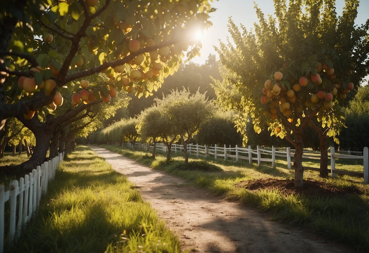 A lush fruit orchard surrounded by a classic picket fence, with rows of trees bearing apples, pears, and peaches. The sun shines down on the idyllic garden, creating a peaceful and inviting atmosphere