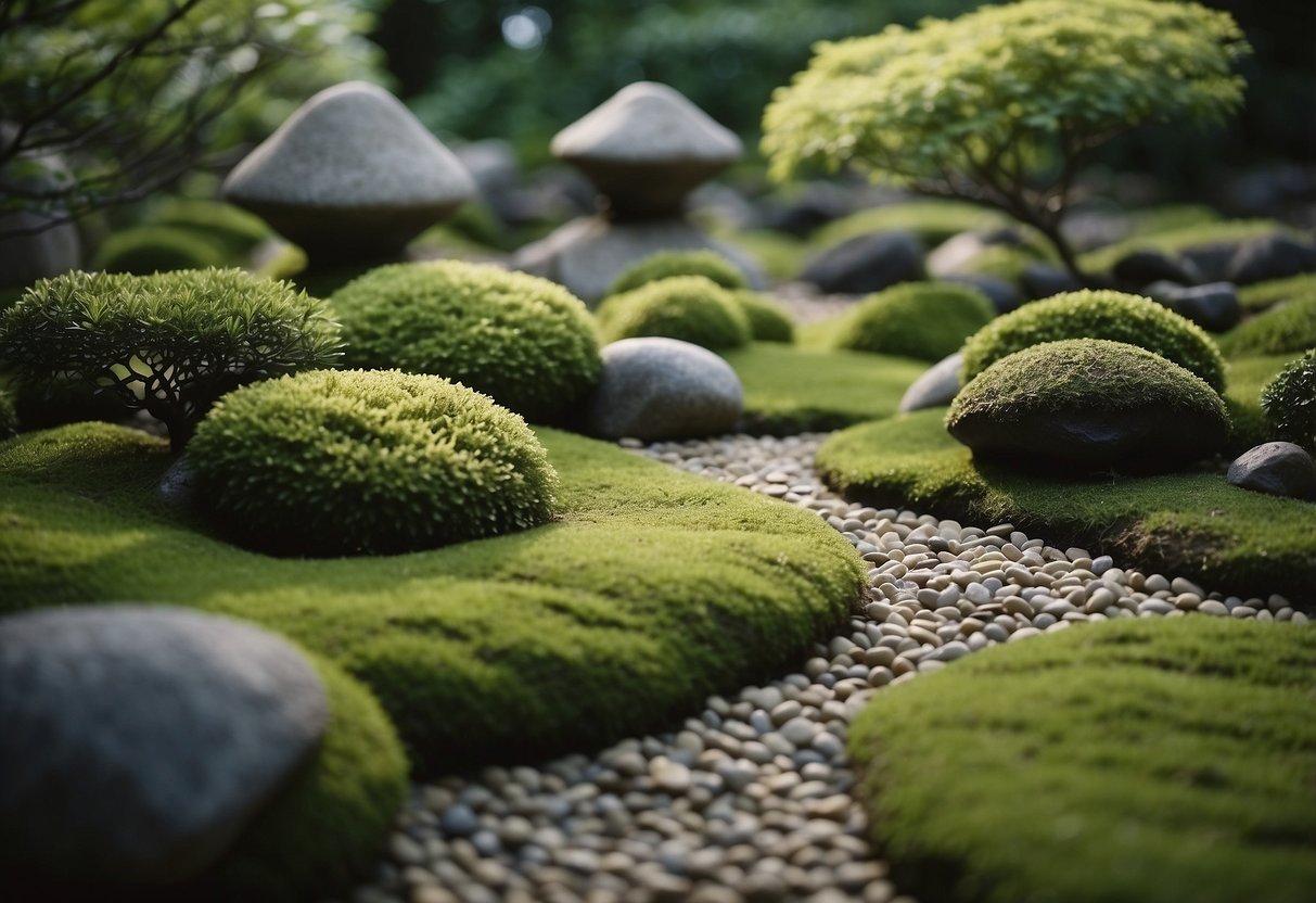 A serene Zen garden with raked gravel, moss-covered rocks, and carefully placed stepping stones surrounded by lush greenery