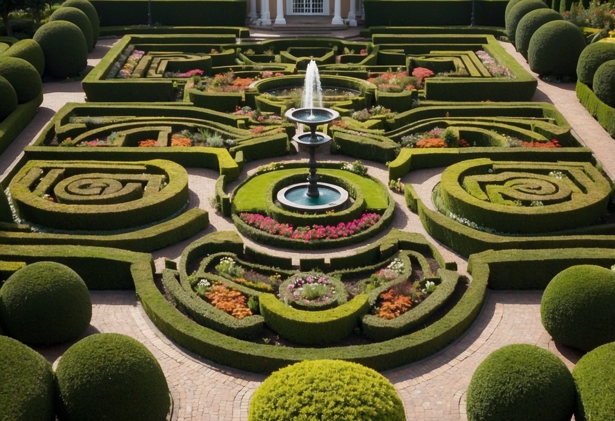 A symmetrical garden layout with neatly trimmed hedges, a central fountain, and winding pathways lined with colorful flowers and lush greenery