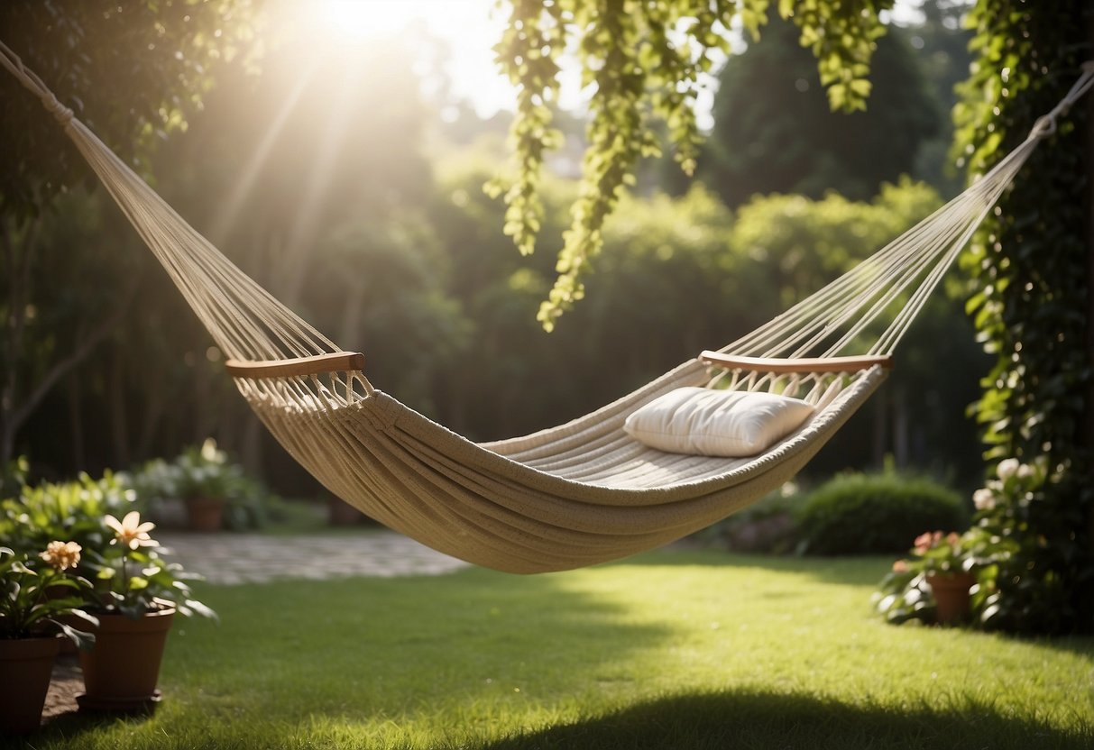 A hammock is suspended between two trees in a lush garden. The sun is shining, and there are flowers and plants surrounding the hammock