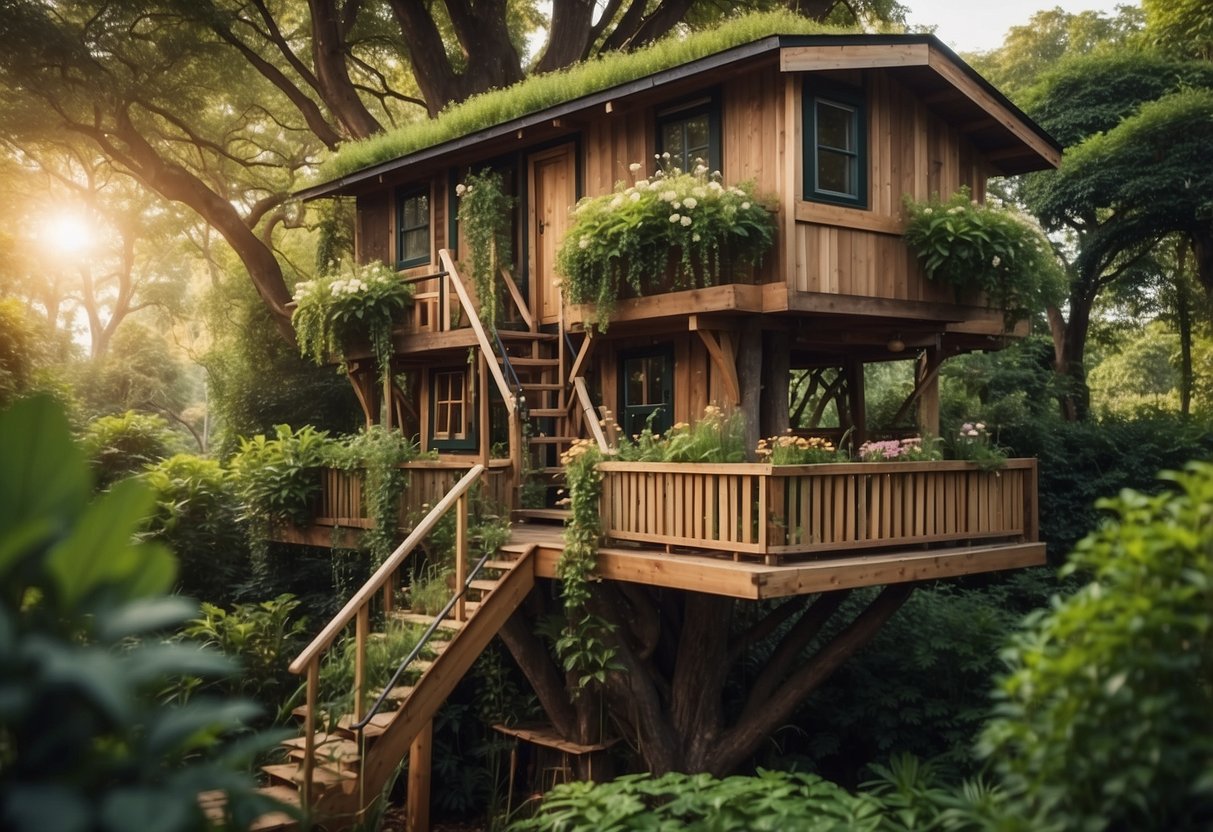 A treehouse with a vertical herb garden, nestled among lush greenery, with cascading plants and colorful flowers