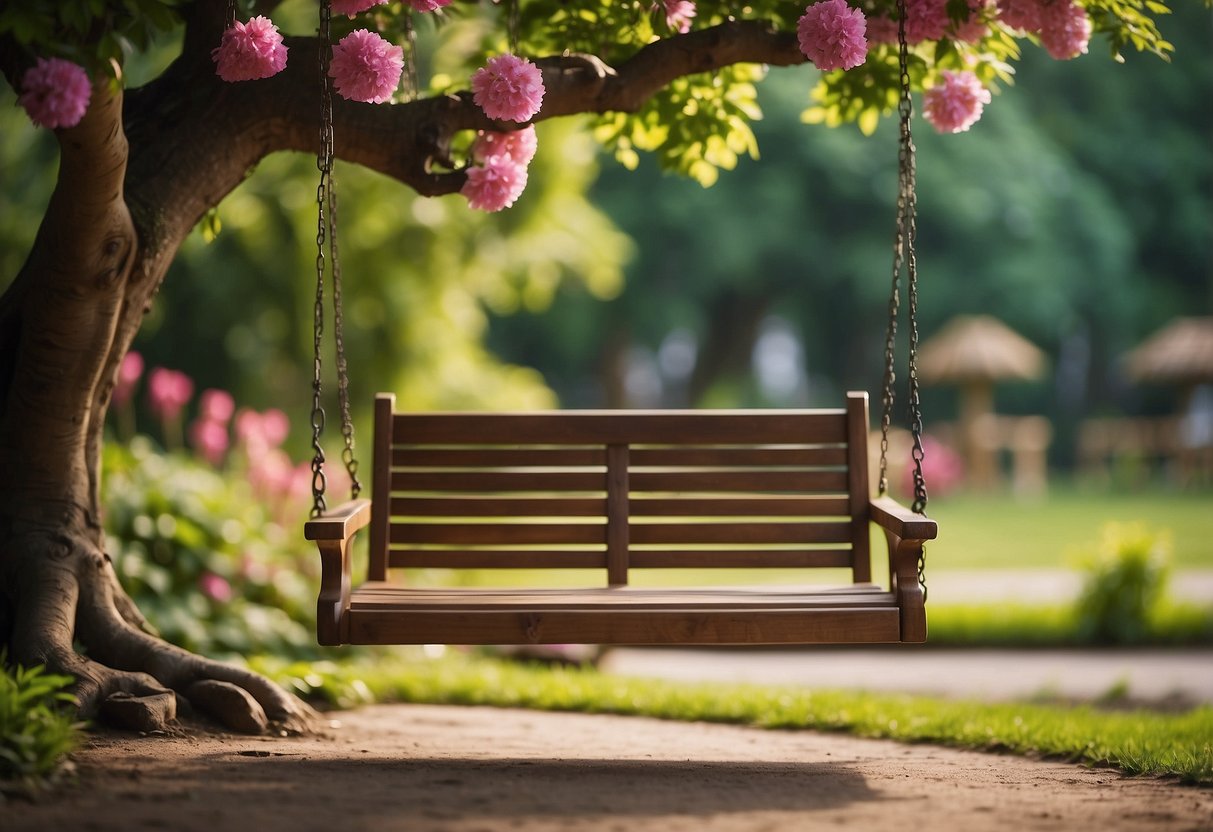 A wooden bench swings from a sturdy tree branch in a lush garden, surrounded by colorful flowers and greenery, with a charming tree house in the background