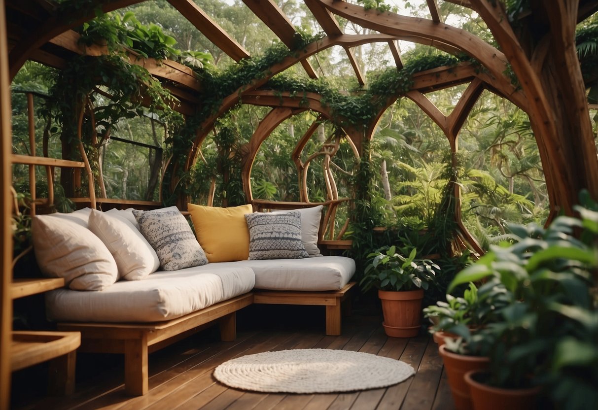 A cozy reading nook nestled in a treehouse garden, adorned with soft cushions and surrounded by lush greenery