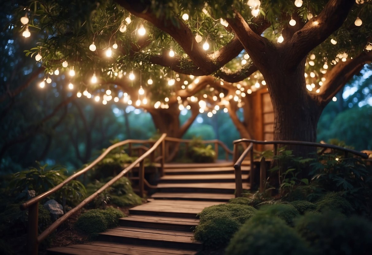 A whimsical tree house garden adorned with twinkling fairy lights creating a magical canopy of illumination