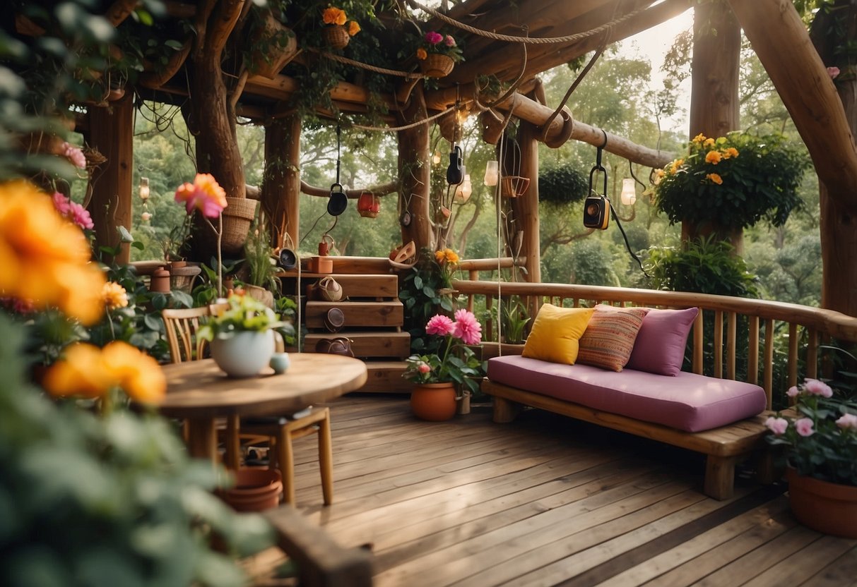 A treehouse garden with a mini zip line, surrounded by lush greenery and colorful flowers, with a cozy seating area and whimsical decor