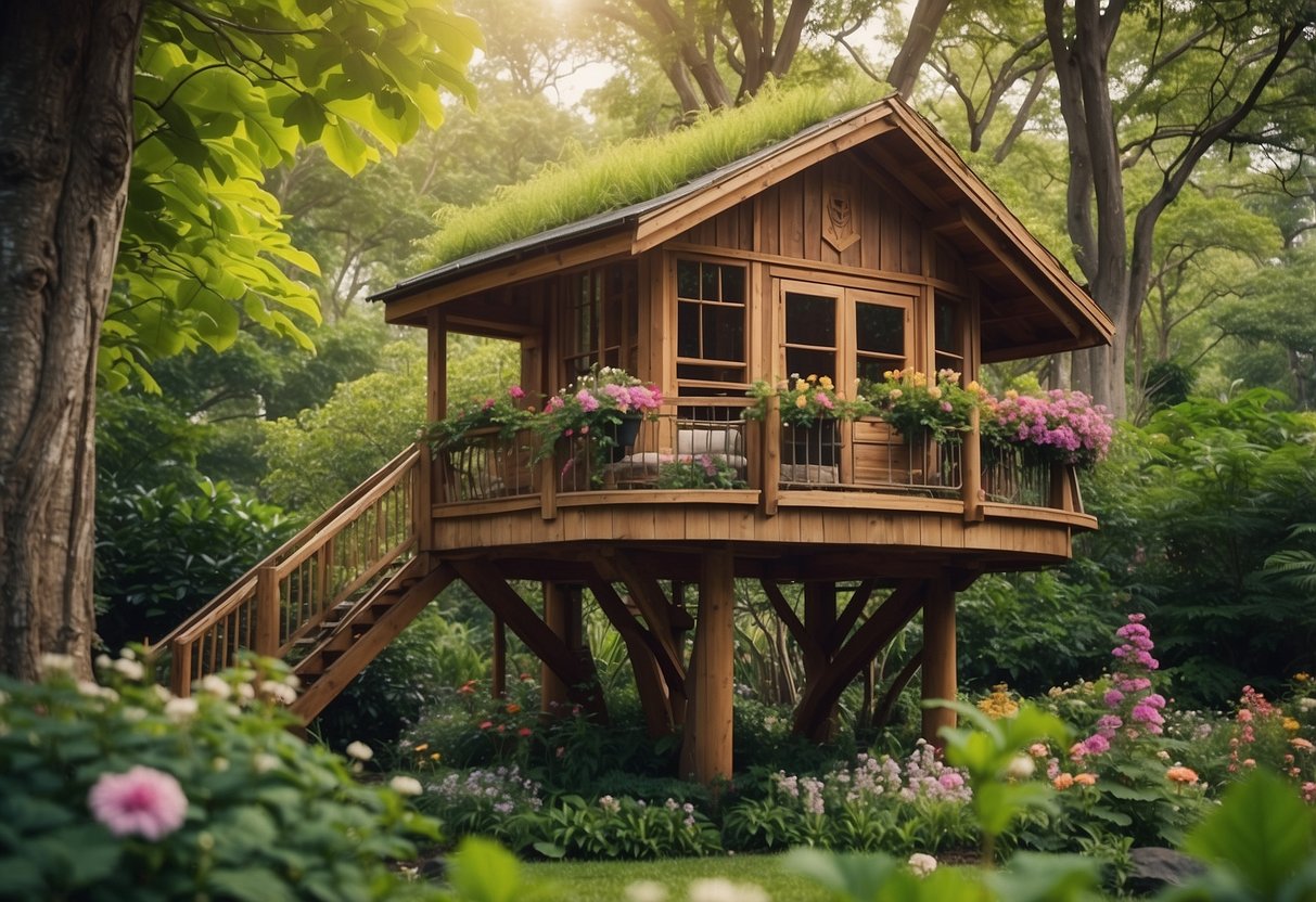 A wooden bird watching platform nestled in a lush tree house garden, surrounded by blooming flowers and vibrant greenery