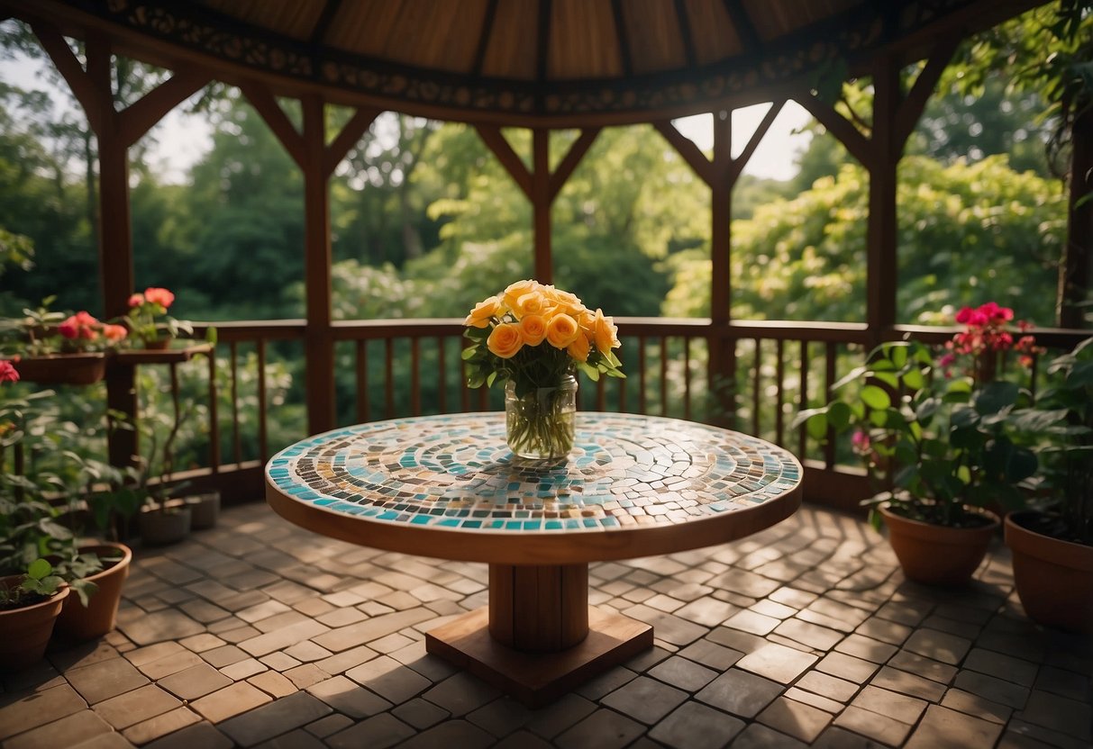 A mosaic tile table sits in a tree house garden, surrounded by vibrant flowers and lush greenery