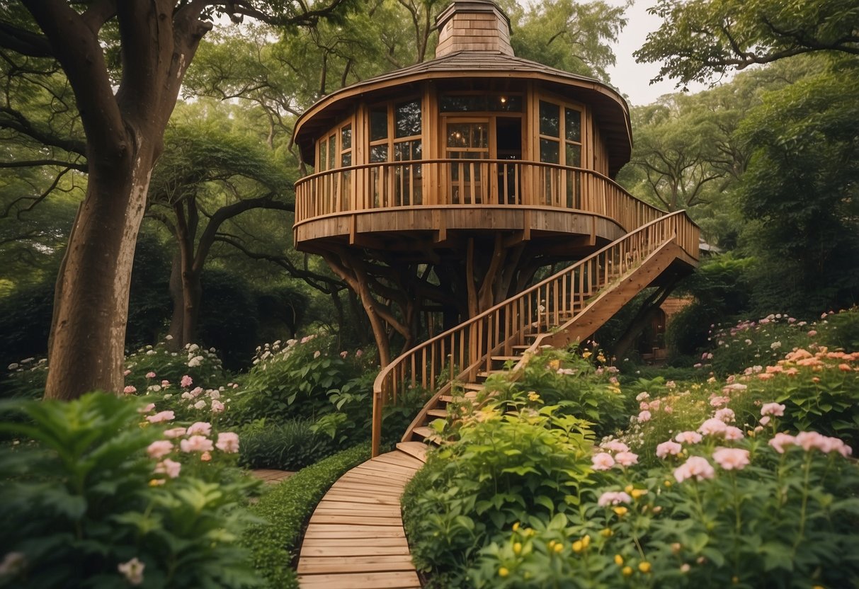 A treehouse with a slide nestled in a lush garden, surrounded by blooming flowers and winding paths