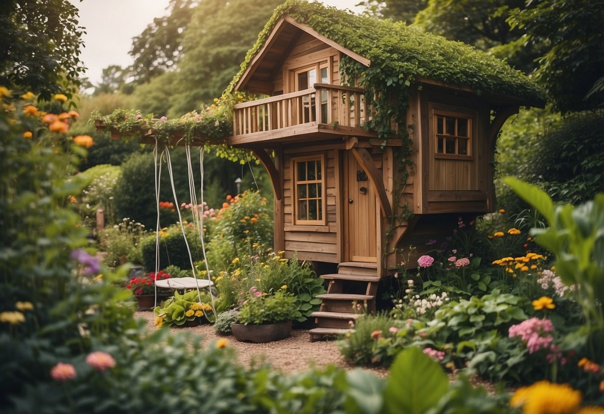 A tree house nestled in a lush garden, with winding paths, colorful flowers, and a small vegetable patch. A cozy seating area and a swing hanging from a sturdy branch complete the idyllic scene