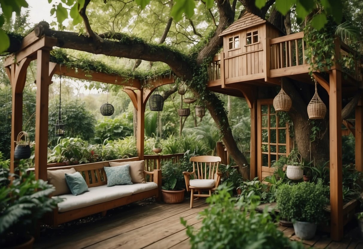 Lush garden surrounds a charming tree house with cozy seating and hanging plants. Bird feeders and wind chimes add a touch of whimsy