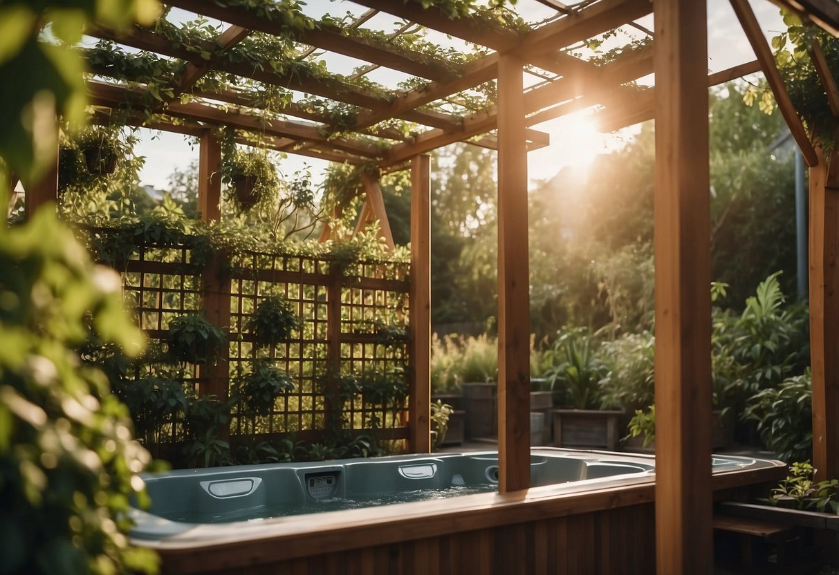 A wooden trellis with lush climbing plants frames a hot tub, creating a private and serene oasis in the garden