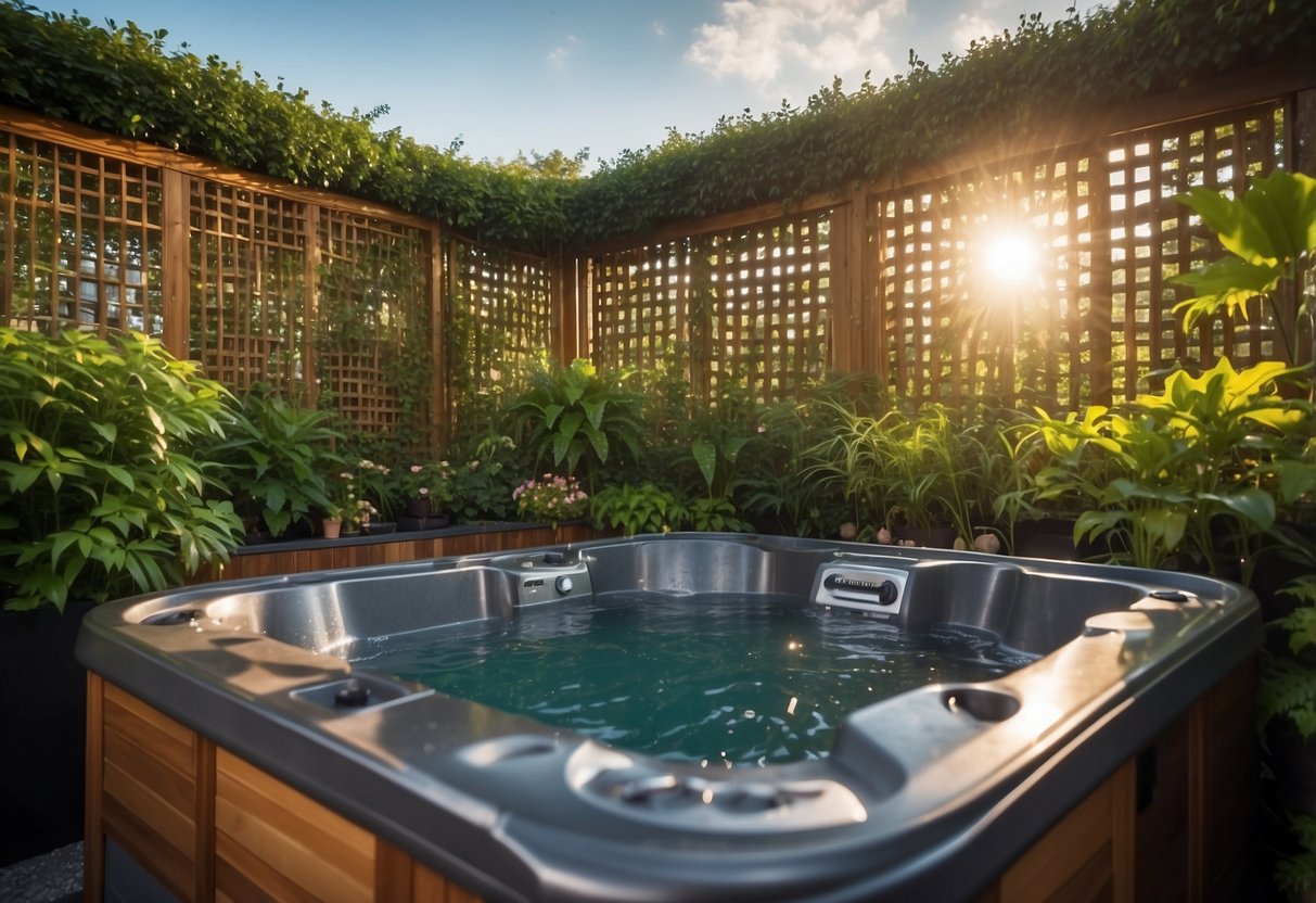 A lush garden with lattice panels surrounding a hot tub, providing privacy and creating a serene atmosphere